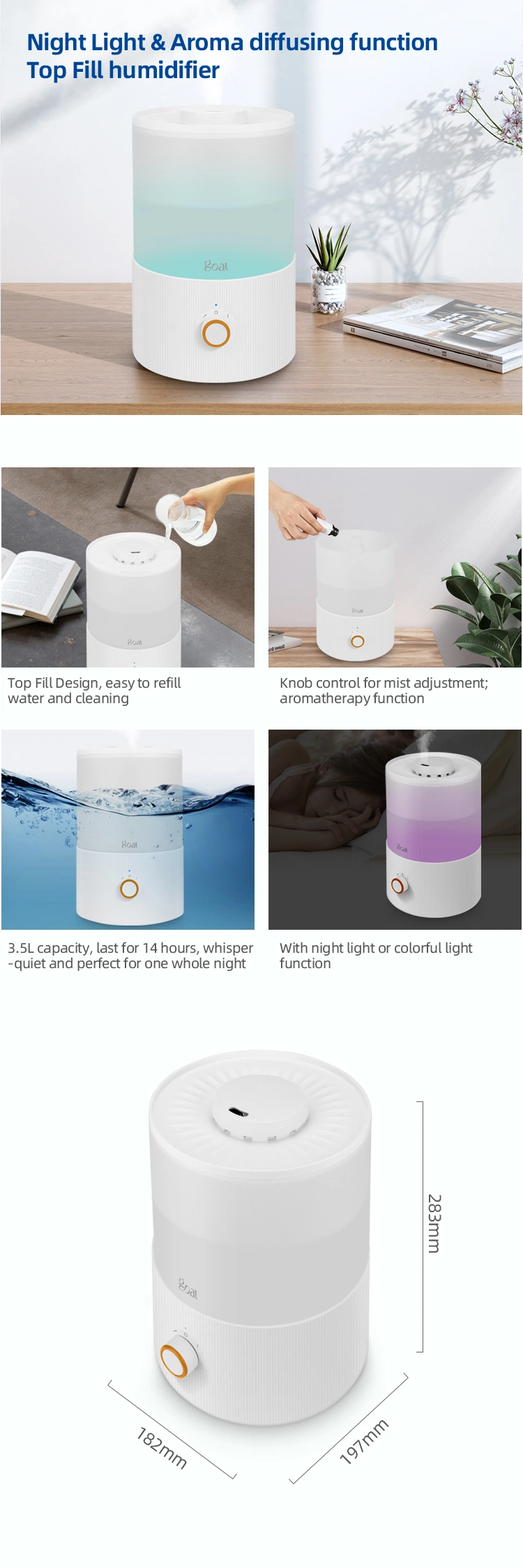 Go-2811 New Top Fill 3.5L Colorful Air Humidifier Cool Misting Ultrasonic Air Aroma Diffuser Baby Humidifier